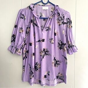 Melloday Floral Lilac Purple Blouse Short Sleeve Henley Business Top Woman’s S